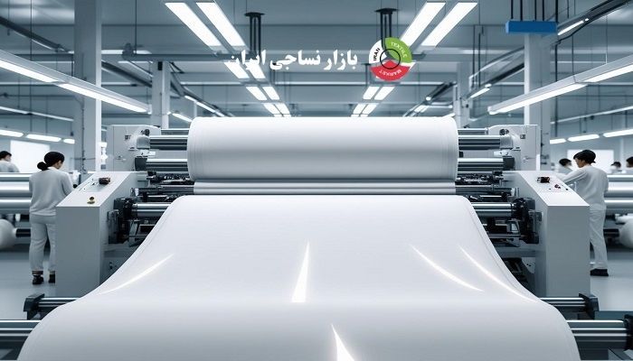 رول پارچه اسپان‌باند سفید در خط تولید نساجی برای مصارف بیمارستانی