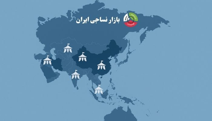 Asian textile exhibition map highlighting China, Japan, Turkey, India, Uzbekistan, and UAE